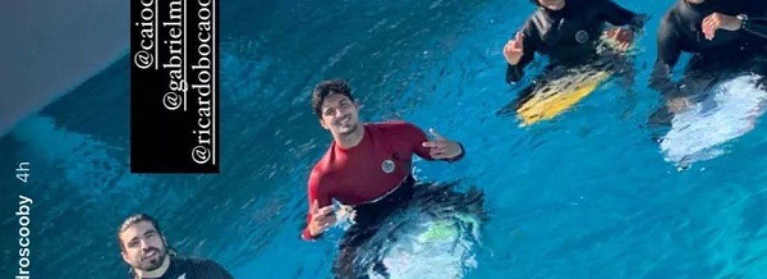 Caio Castro surfa ao lado de Gabriel Medina e Pedro Scooby